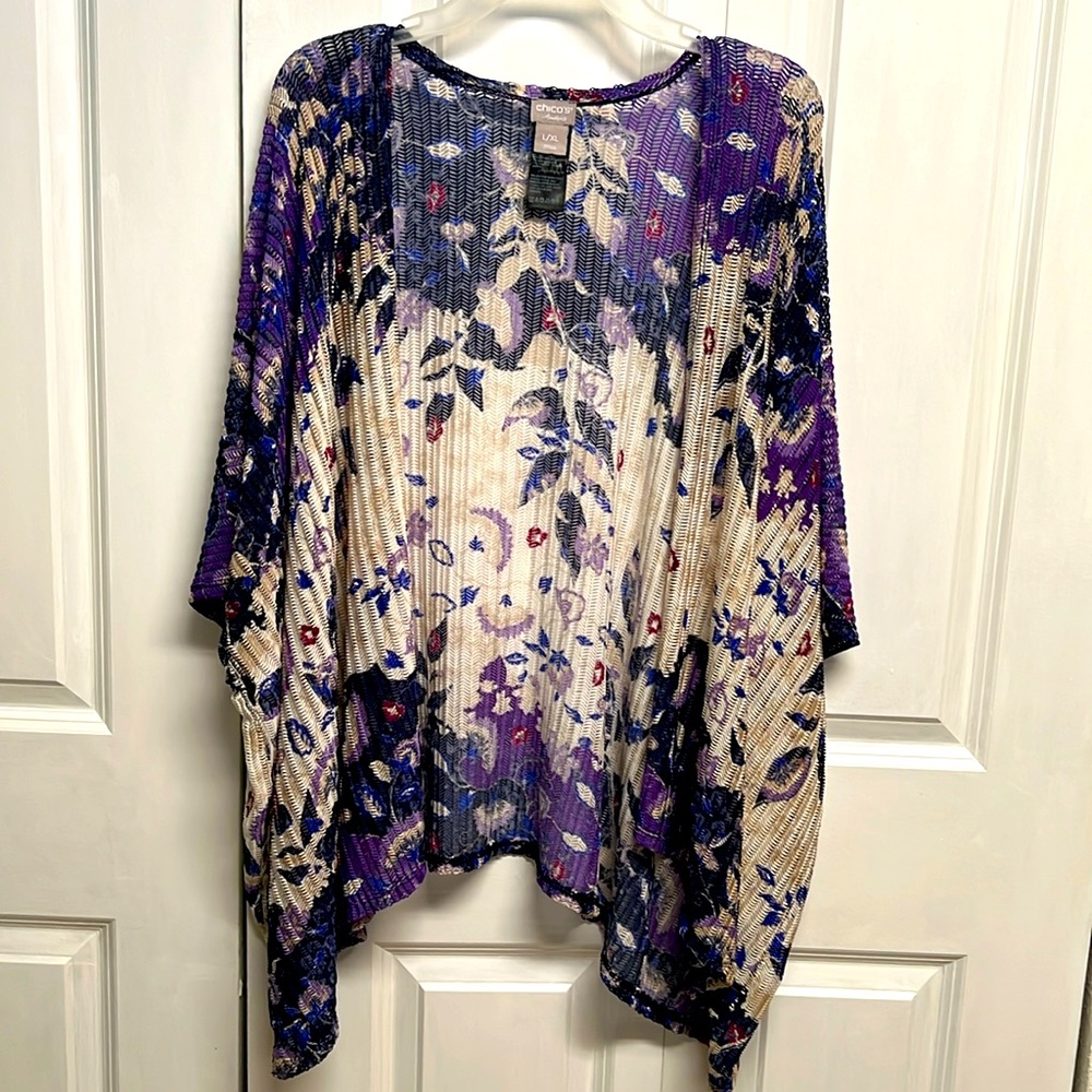 Chico’s Purple Multi Print Boxy Net Open Light Jacket Size L / XL